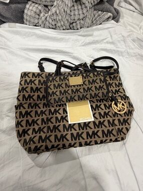 MICHAEL Michael Kors Brown and Black Logo Tote with Gold Hardware